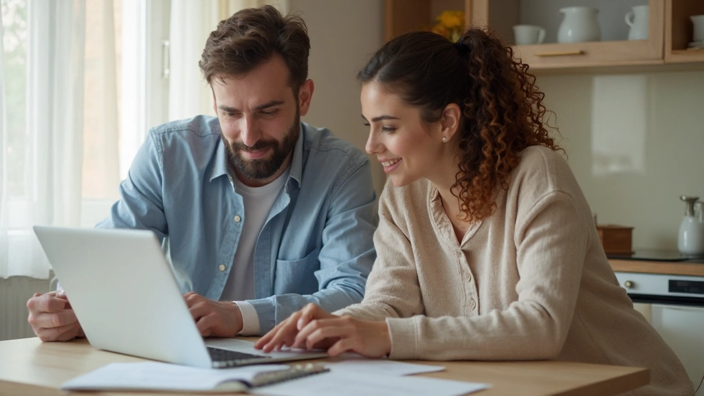 Молодая пара обсуждает варианты финансирования автомобиля дома на кухне с ноутбуком