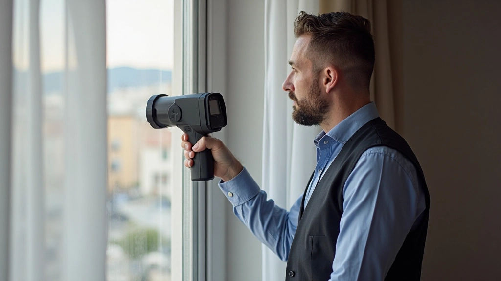 Специалист по энергоаудиту проверяет теплоизоляцию окна в квартире