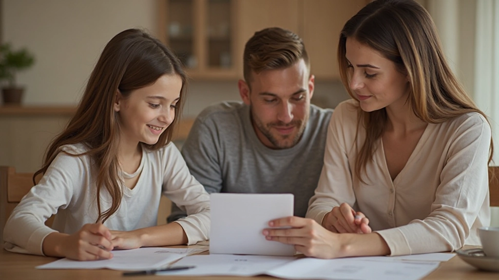 Семья обсуждает финансовые вопросы за столом, дети слушают объяснения родителя