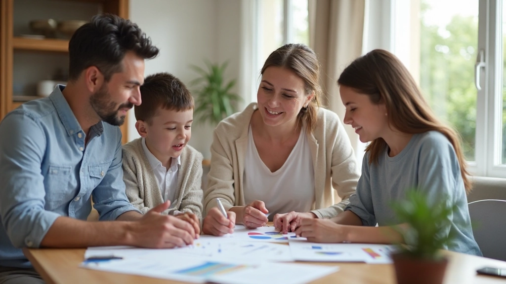 Семья обсуждает финансовые планы за столом с графиками и документами