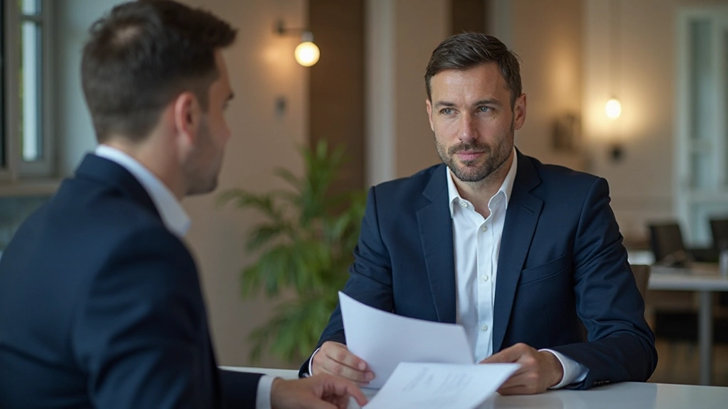 Пациент и финансовый консультант обсуждают страховой полис в офисе