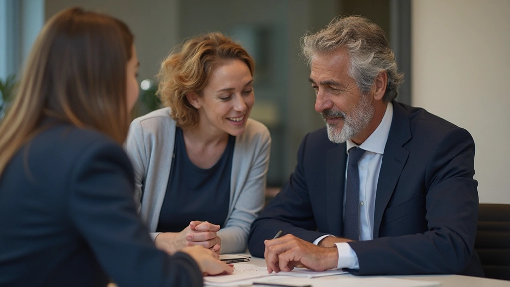 Финансовый консультант обсуждает план наследства с молодой семьей в офисе