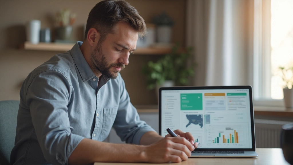 Человек проверяет финансовые данные на планшете в домашнем офисе