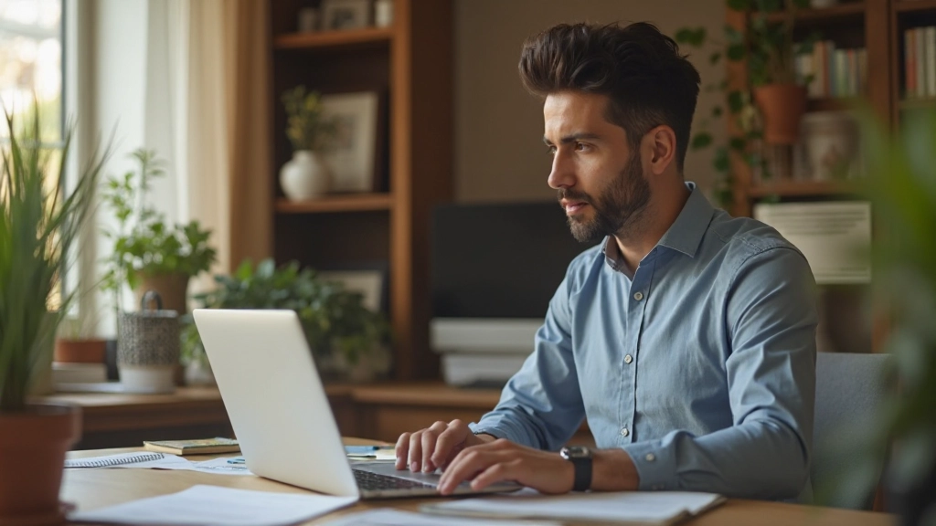 Фрилансер работает на ноутбуке дома с чашкой кофе