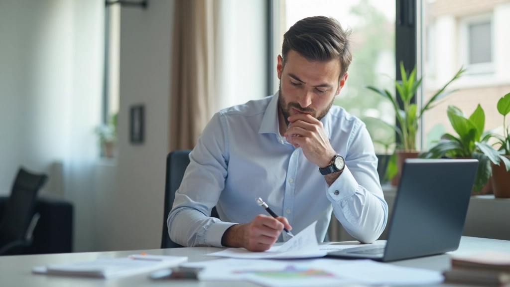 Профессиональная фотография человека, размышляющего о финансовых решениях в офисной среде