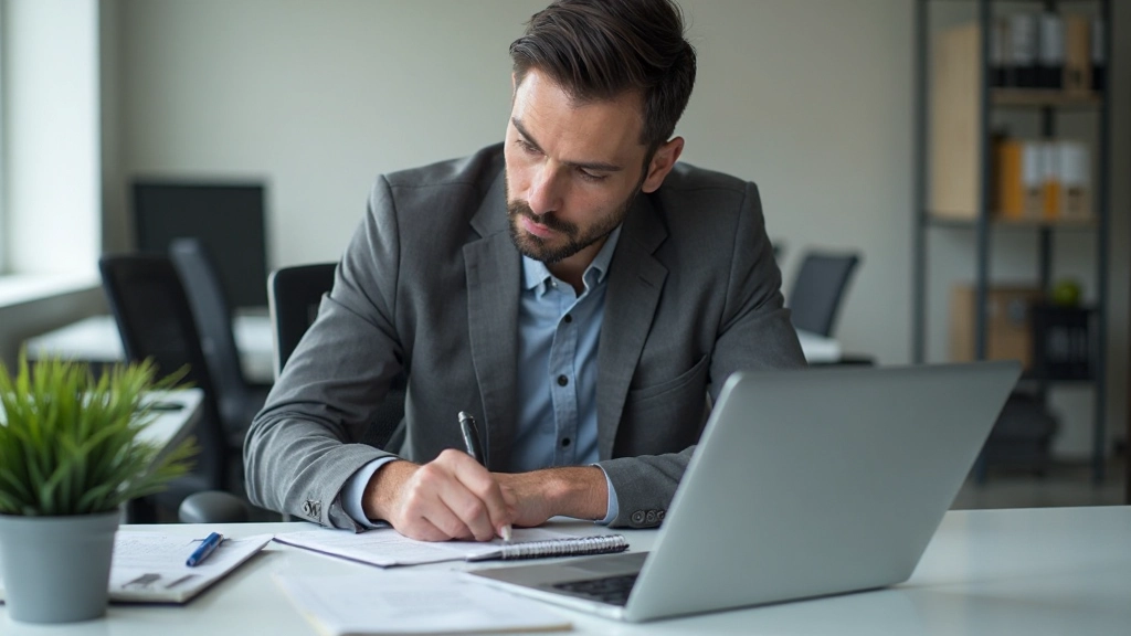 Профессиональное изображение человека, устанавливающего финансовые цели с использованием записей и планирования на рабочем столе