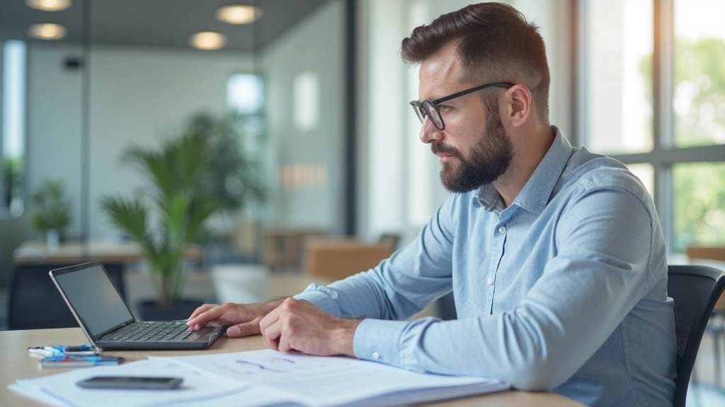 Профессионал анализирует налоговые документы за рабочим столом с графиками и калькулятором