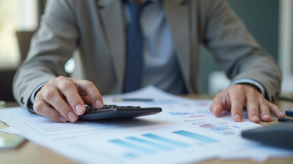 Профессиональное рабочее место с документами, калькулятором и финансовыми отчётами