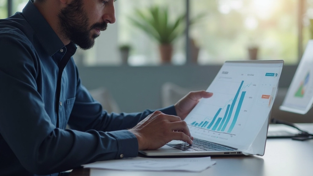 Портативный компьютер на столе с графиком роста финансовых показателей, чашка кофе и блокнот, дневное освещение