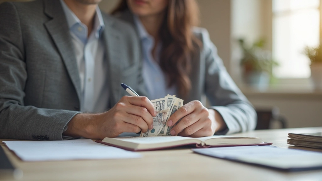 Человек считает деньги и ведет записи в блокноте