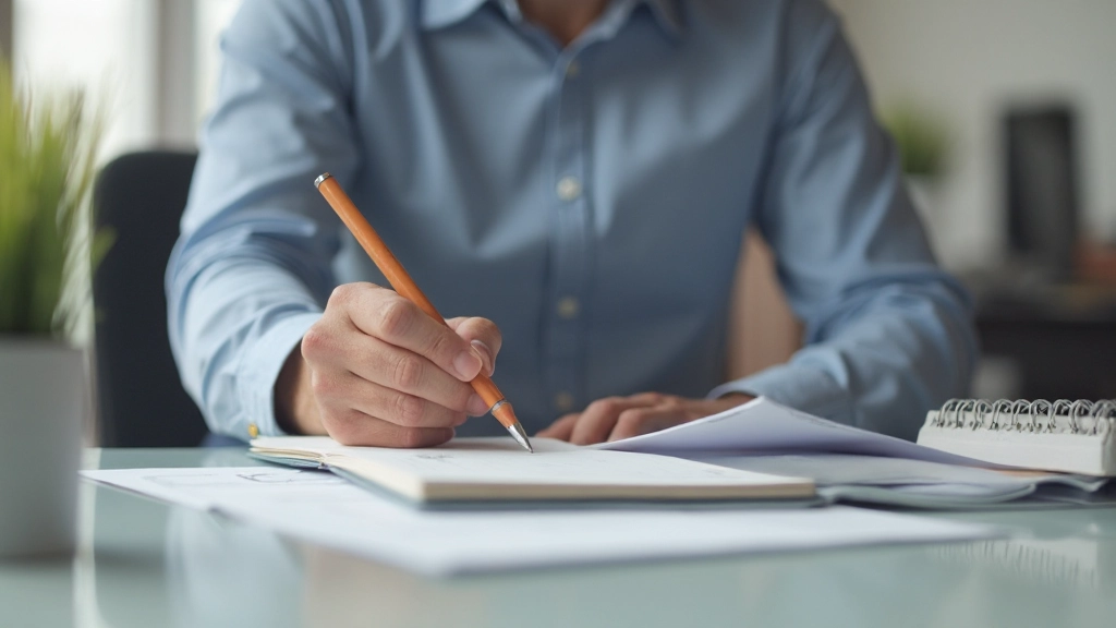 Человек, записывающий финансовые цели в блокнот рядом с графиками
