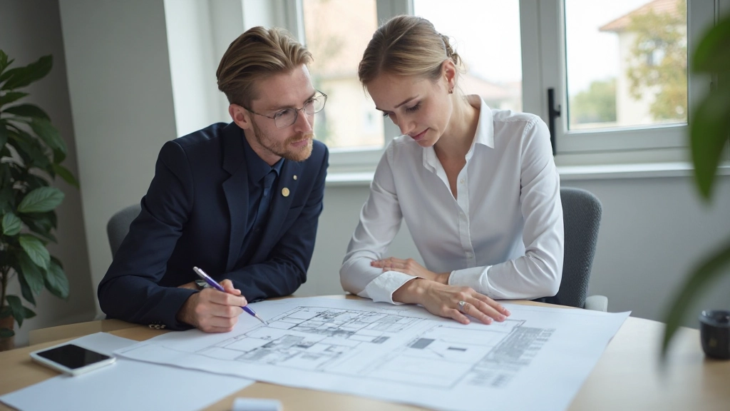 Профессиональное фото консультации по недвижимости, агент и клиент рассматривают планы квартиры
