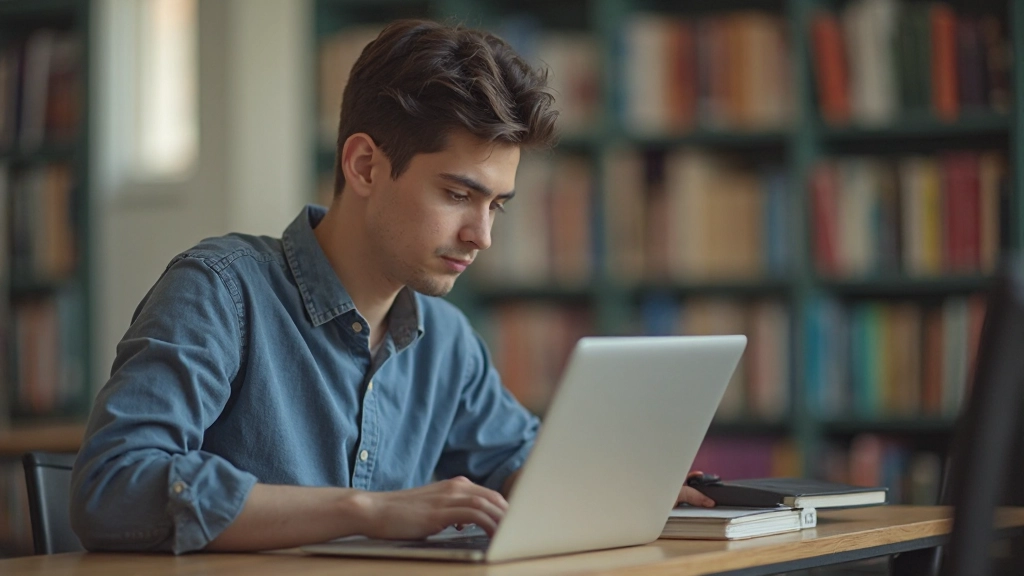 Студент работает за ноутбуком в библиотеке, готовится к экзамену, учебное пространство с книгами и материалами