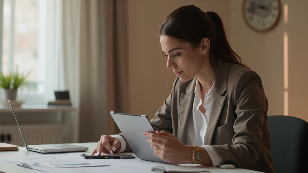 Молодая женщина планирует финансовые цели на планшете с графиками роста