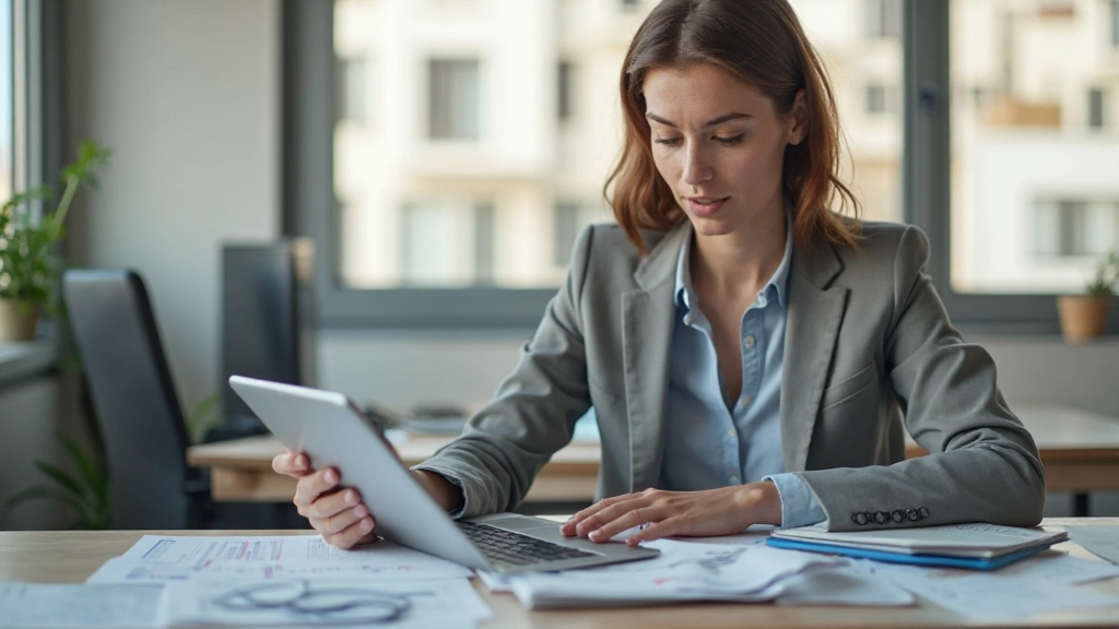 Работник с планшетом составляет бюджет и анализирует расходы