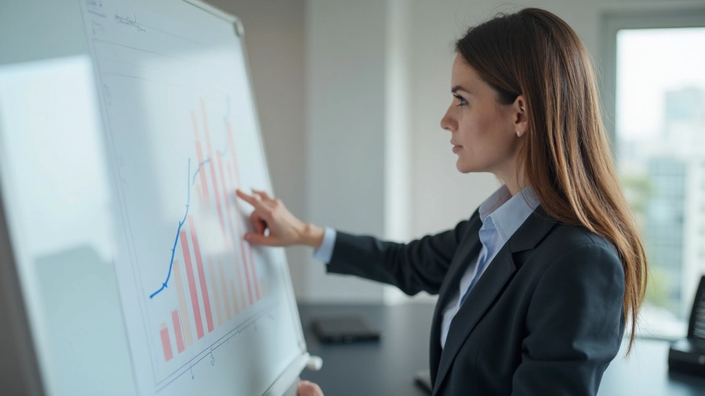 Персона указывает на целевые показатели на доске с диаграммами и графиками роста