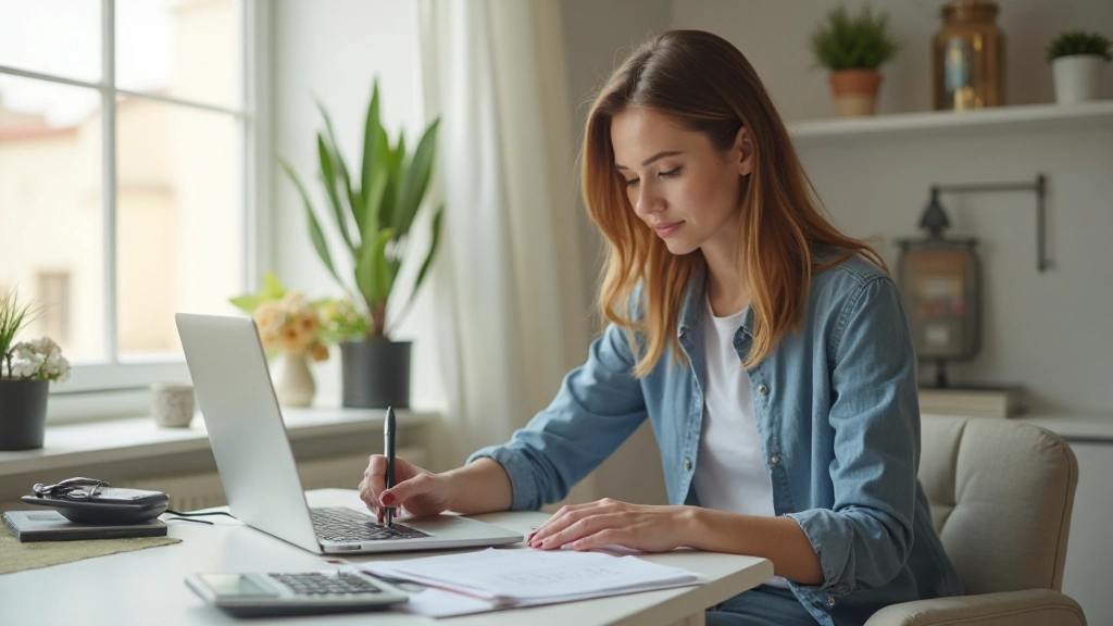 Фрилансер на домашнем рабочем месте работает с ноутбуком и планирует бюджет