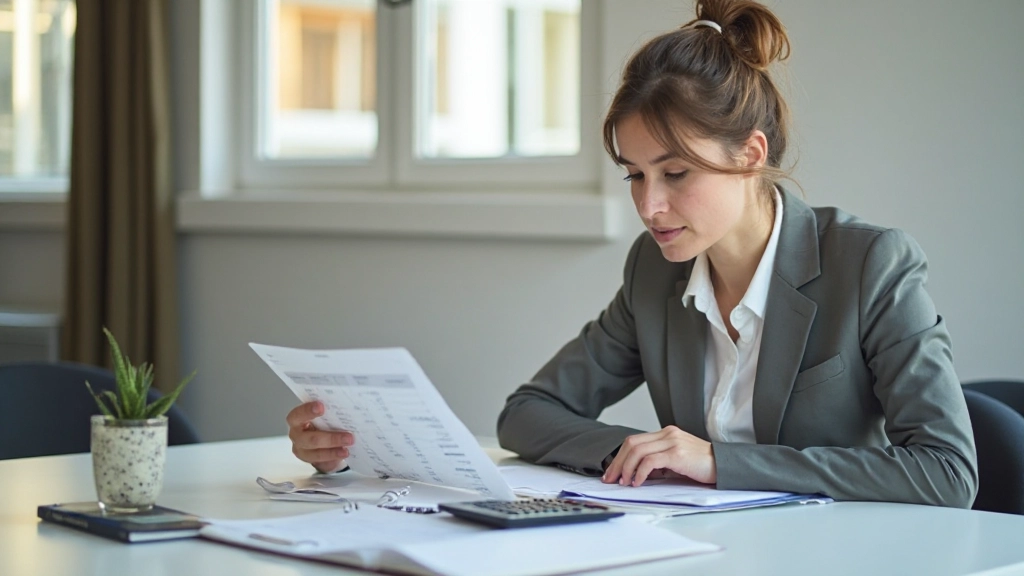Профессиональное изображение человека, работающего с финансовыми документами и калькулятором на современном рабочем столе в офисе