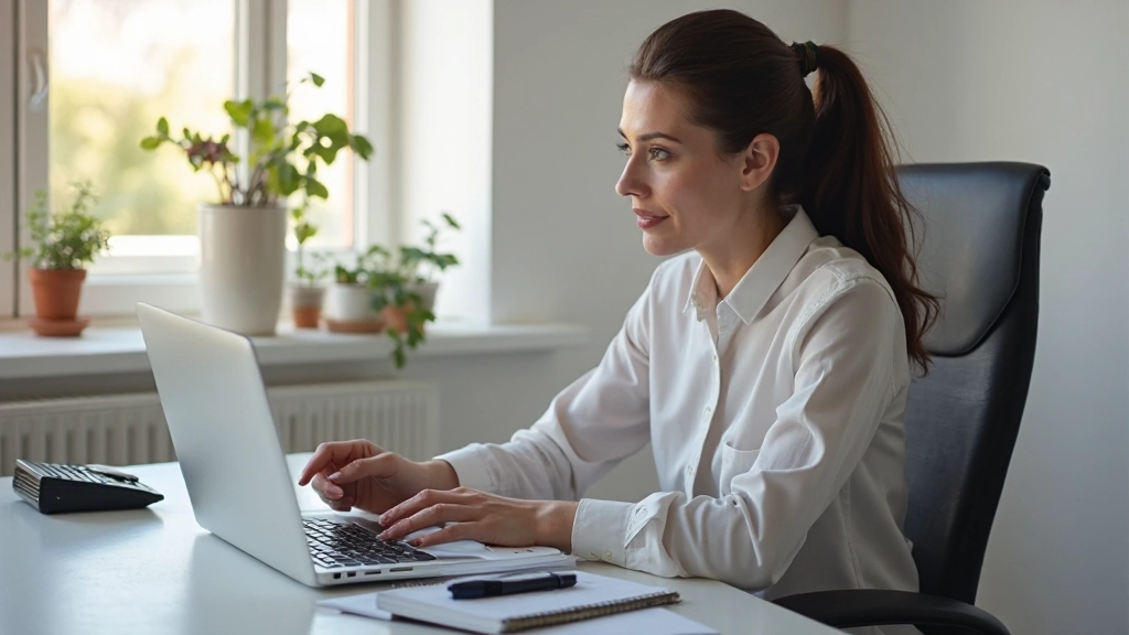 Профессиональное рабочее место с ноутбуком, калькулятором и финансовыми документами