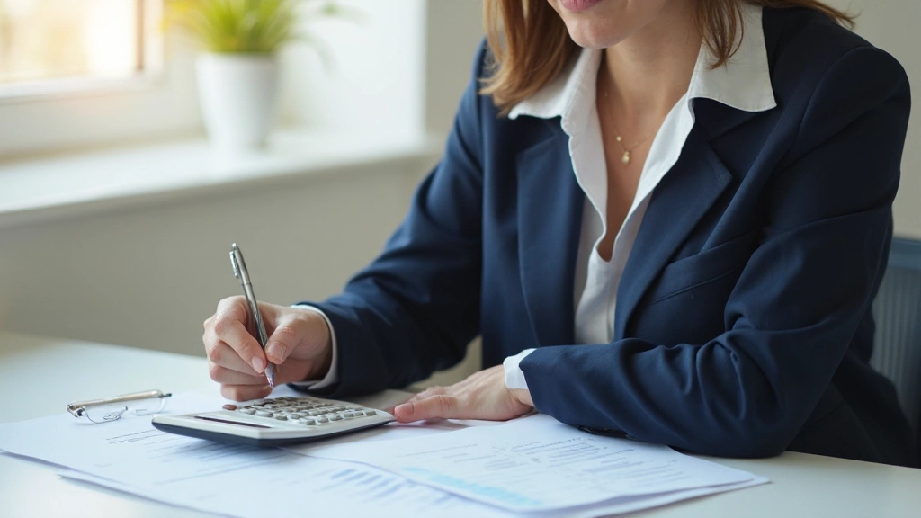 Профессиональное фото женщины, работающей с финансовыми документами и калькулятором