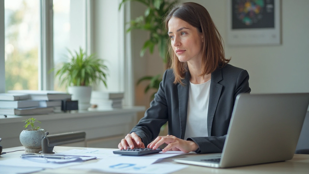 Профессиональный рабочий стол с финансовыми документами, калькулятором и ноутбуком